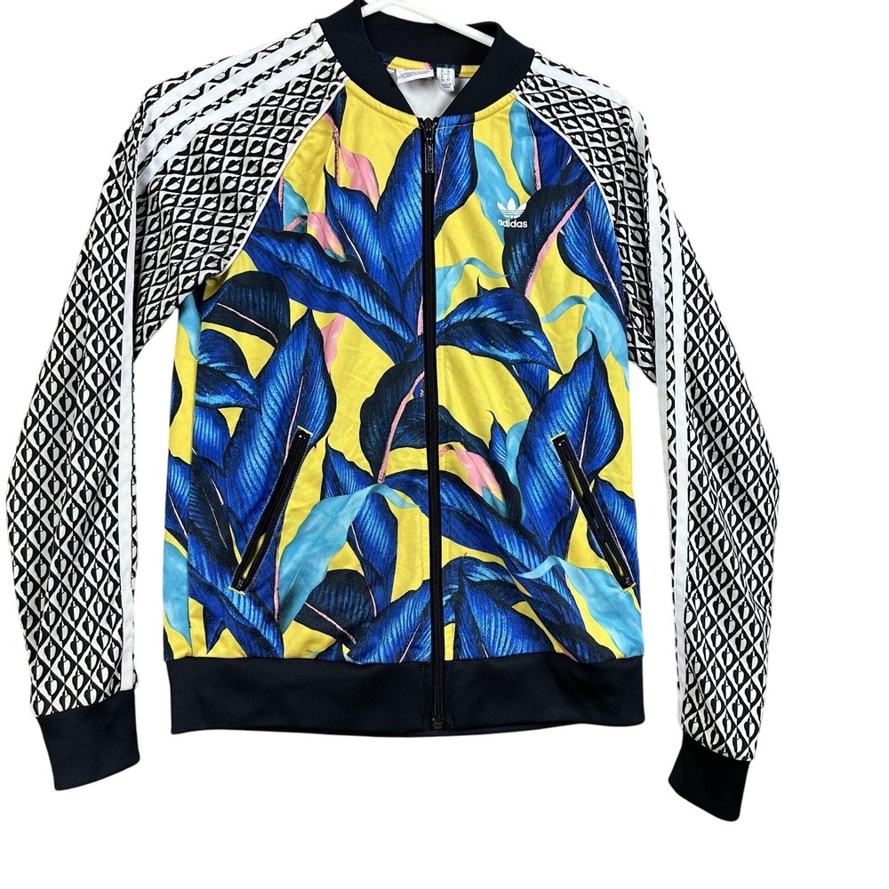 Adidas Jacket Womens Small Leaf Print DH3066 Track Floral Zip Trefoil